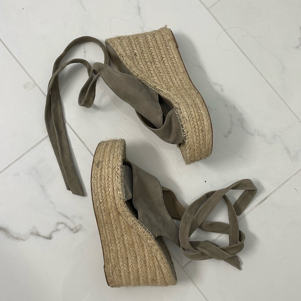 Marc Fisher espadrille wedges ankle wrap size US 6 taupe suede